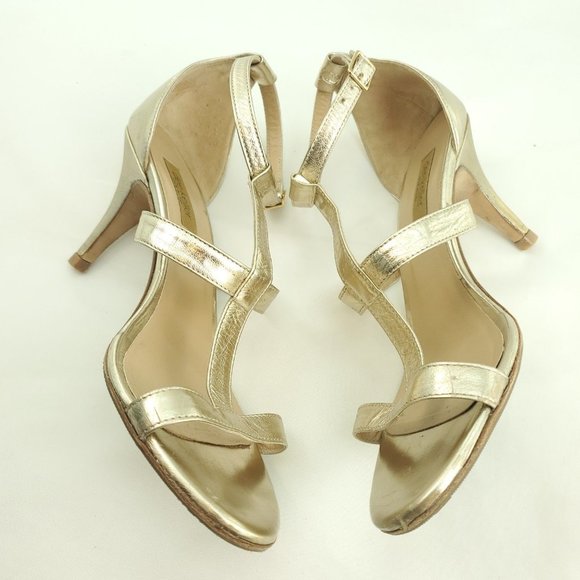 Dee Keller Womens Gold Leather Open Toe Strappy Stiletto Heels Size US 7.5 EU 38 - Picture 4 of 13